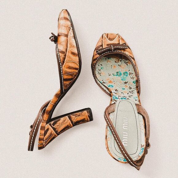 Miu Miu vintage peep toe croc embossed tan brown sling back heels 7.5 - Picture 1 of 8